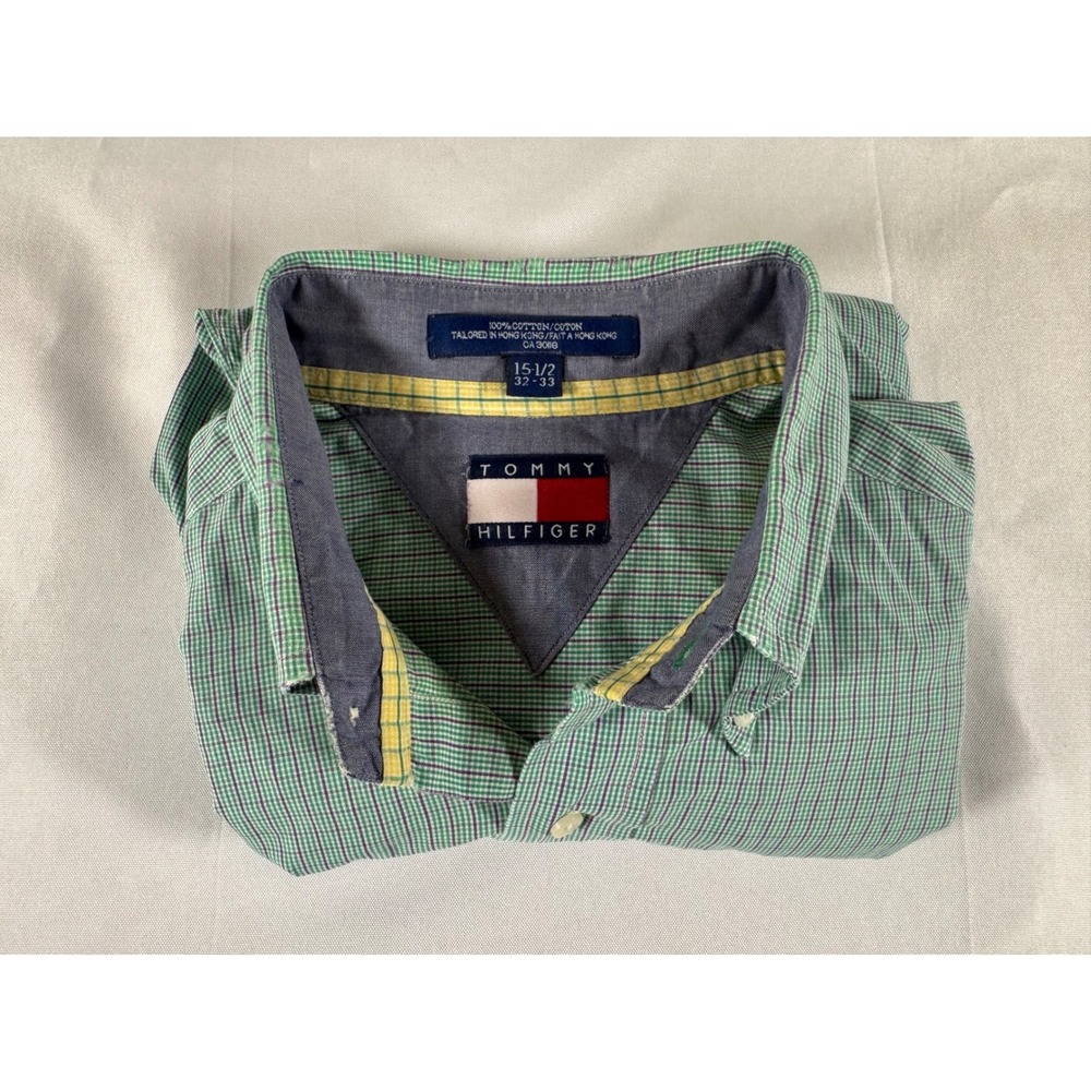 VTG Tommy Hilfiger Mens Green Purple Micro Check Button Down Shirt 15.5 32-33